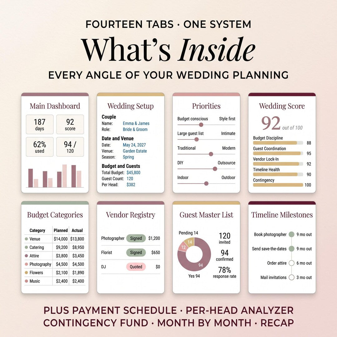 Wedding planning dashboard tabs: setup, priorities, score, budget, vendors, guests and timeline