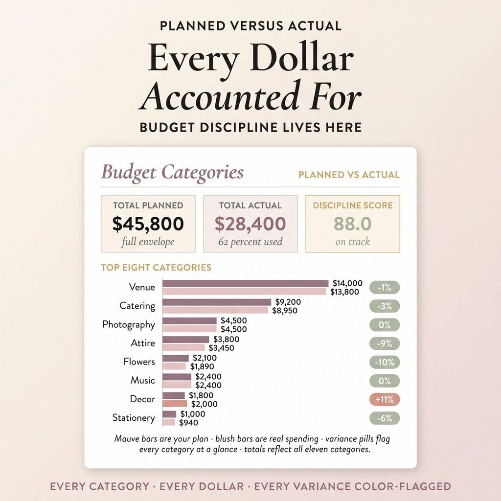 Budget categories with planned versus actual spending and a discipline score
