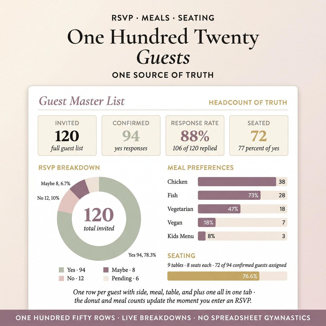 Guest list with RSVPs, meal preferences and seating shown as charts