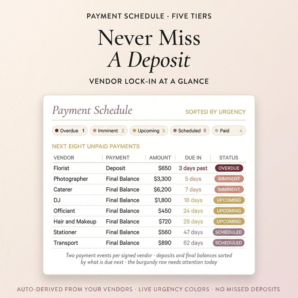 Vendor payment schedule with amounts, due dates and color-coded urgency