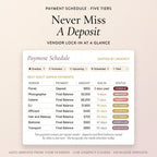 Vendor payment schedule with amounts, due dates and color-coded urgency