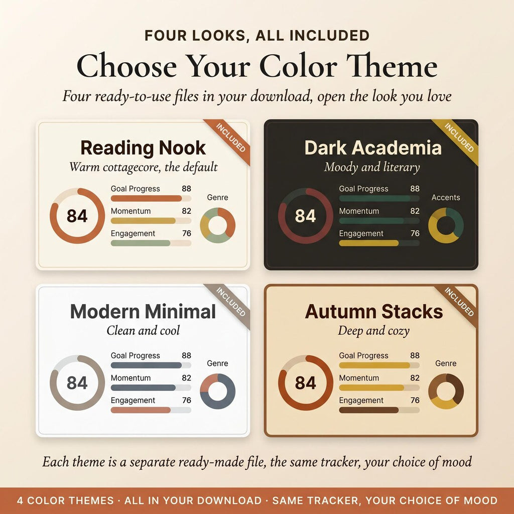 Four color themes: Reading Nook, Dark Academia, Modern Minimal and Autumn Stacks