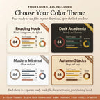 Four color themes: Reading Nook, Dark Academia, Modern Minimal and Autumn Stacks