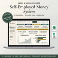 Self-employed money system spreadsheet on a laptop showing income allocation and net worth