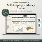 Self-employed money system spreadsheet on a laptop showing income allocation and net worth