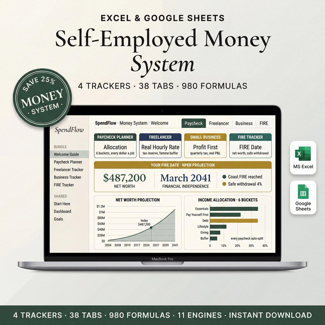 Self-employed money system spreadsheet on a laptop showing income allocation and net worth