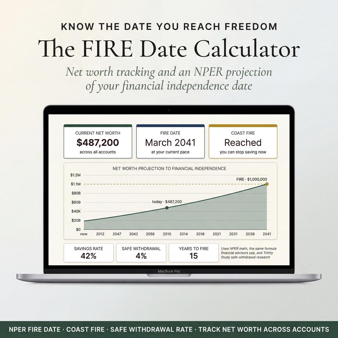 The FIRE date calculator showing current net worth and a projected financial independence date