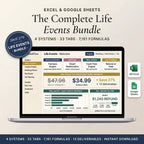 Couples, wedding, home, and tax spreadsheet bundle shown on a laptop