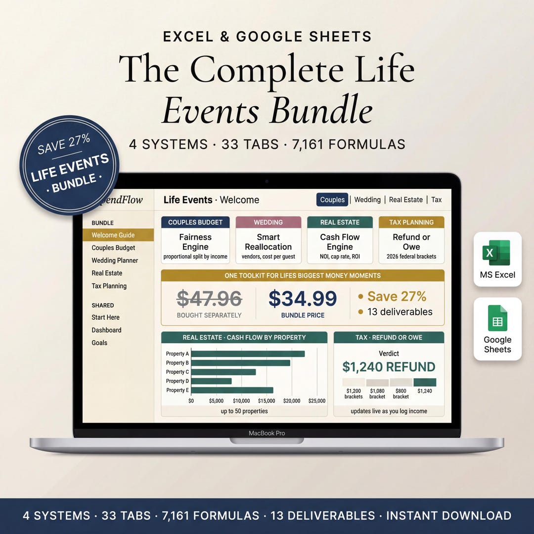 Couples, wedding, home, and tax spreadsheet bundle shown on a laptop