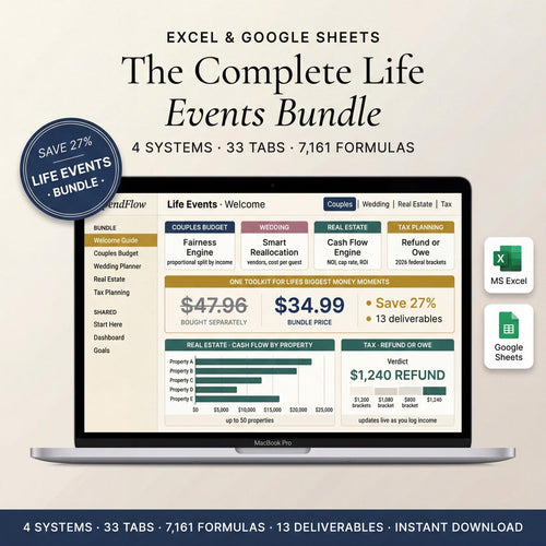 Couples, wedding, home, and tax spreadsheet bundle shown on a laptop