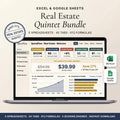 Real estate spreadsheet bundle on a laptop with affordability, house scores, and renovation budgets