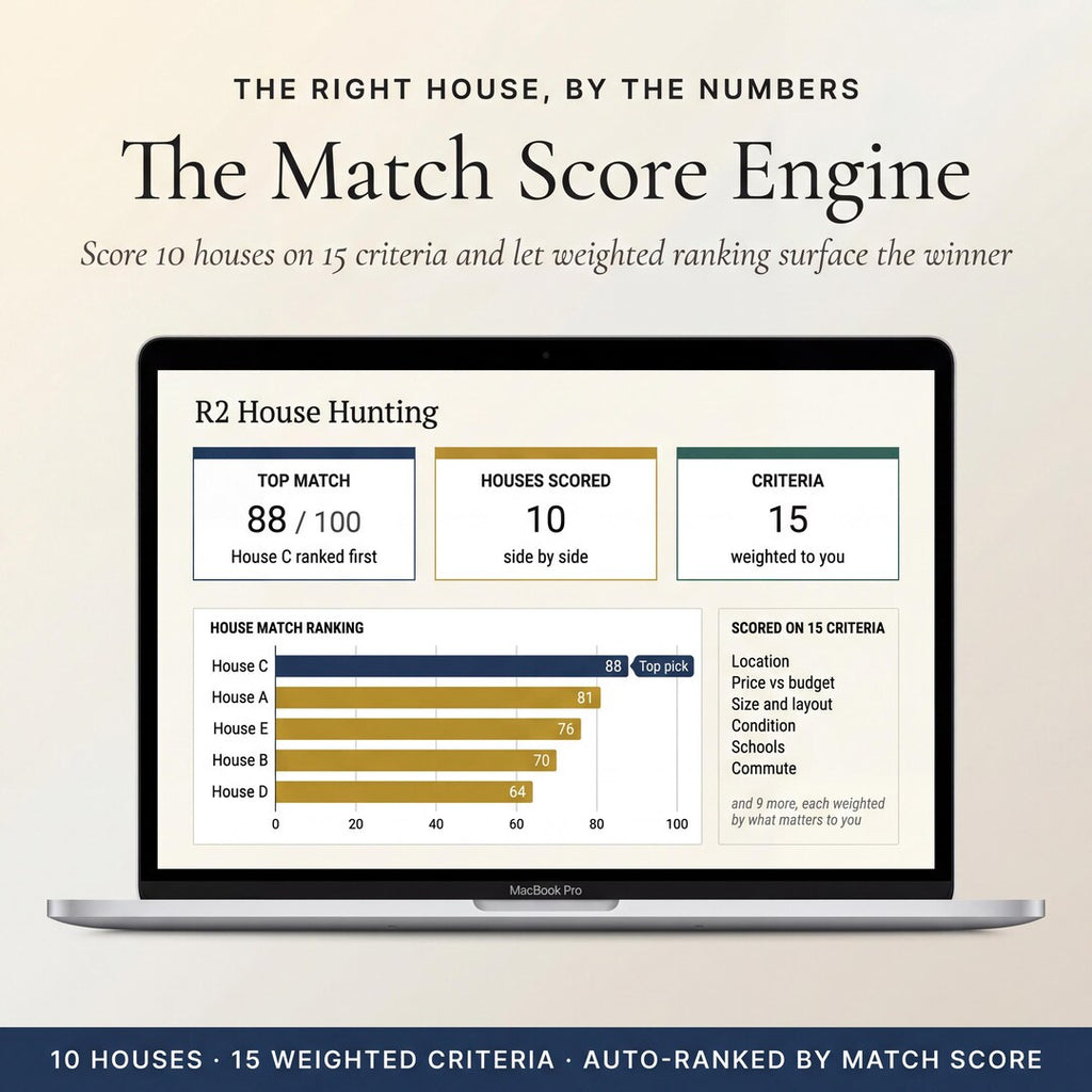 The Match Score Engine ranking houses on 15 criteria with House C scoring 88 of 100