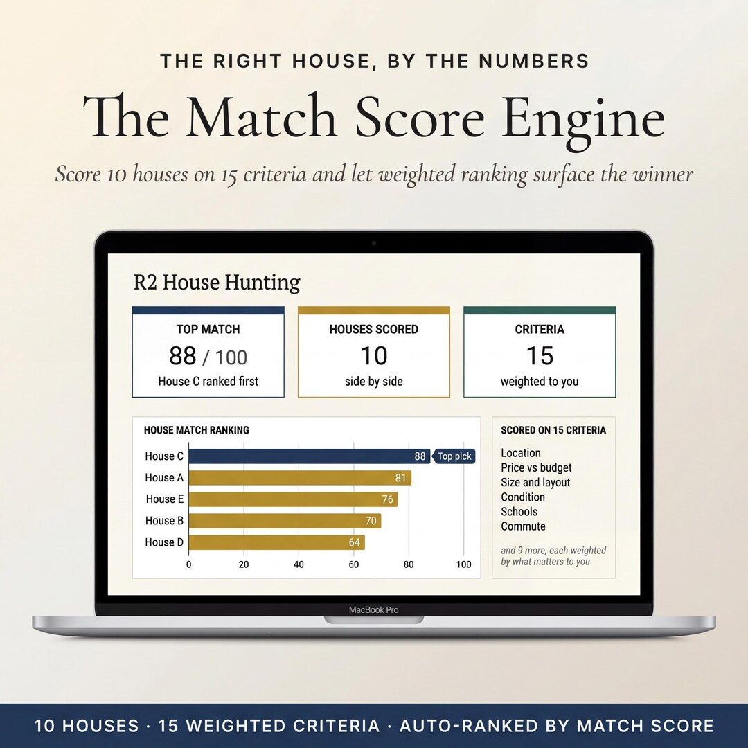 The Match Score Engine ranking houses on 15 criteria with House C scoring 88 of 100