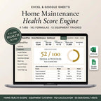 Home maintenance spreadsheet on a laptop showing a home health score, tasks, and upkeep costs