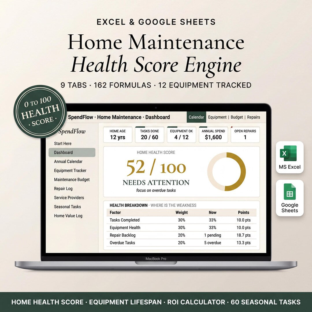 Home maintenance spreadsheet on a laptop showing a home health score, tasks, and upkeep costs
