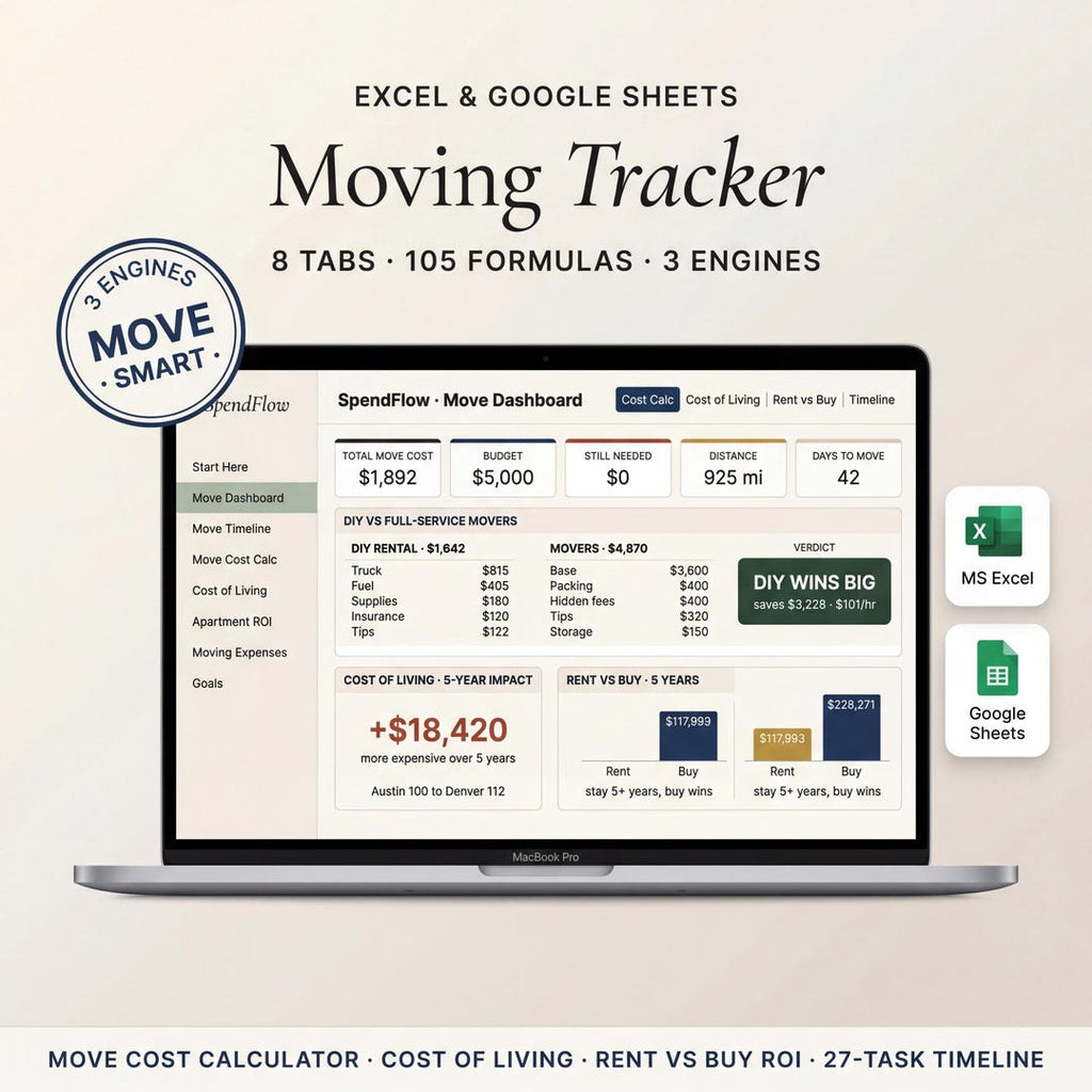 Moving cost calculator spreadsheet on a laptop comparing DIY against hiring movers