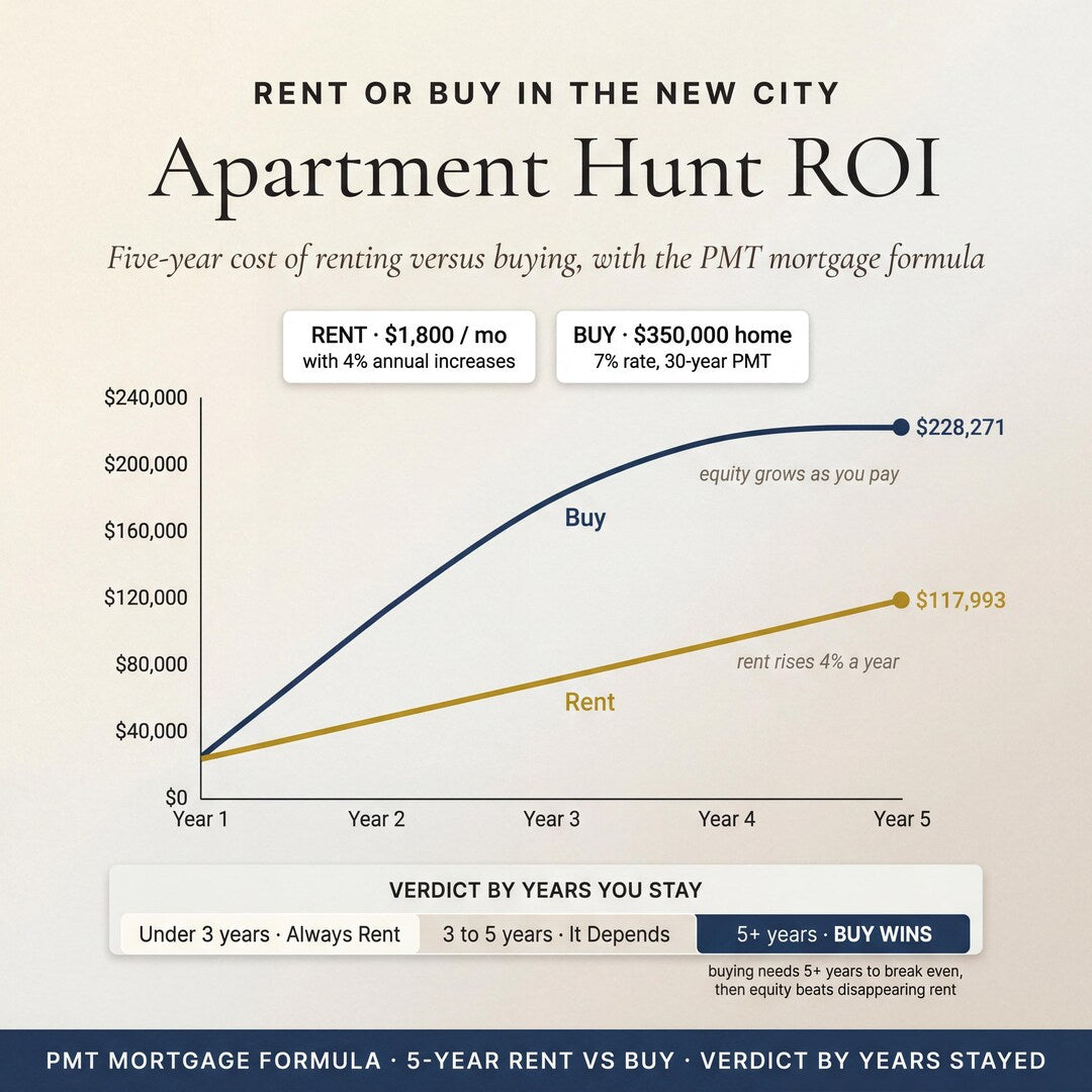 Apartment hunt ROI comparing five-year cost of renting versus buying