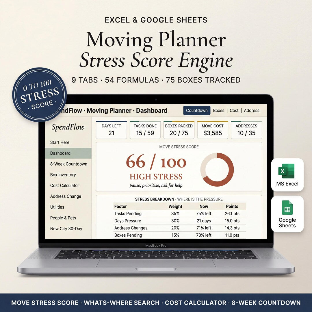 Moving planner spreadsheet on a laptop with a packing checklist, box inventory, and moving costs