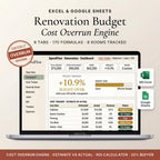Renovation budget spreadsheet on a laptop showing estimates, actual costs, and overruns