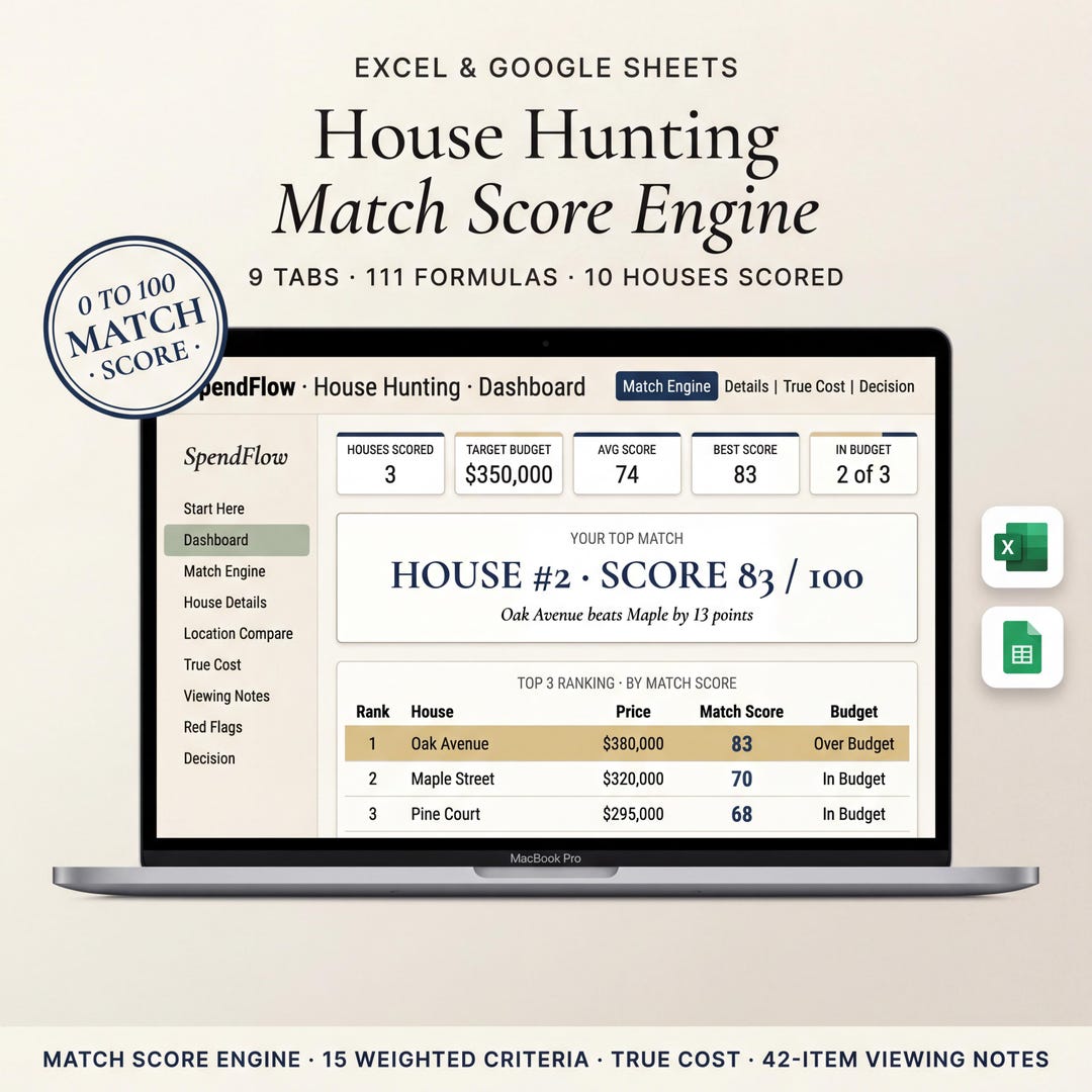 House hunting spreadsheet on a laptop scoring and ranking homes against your budget