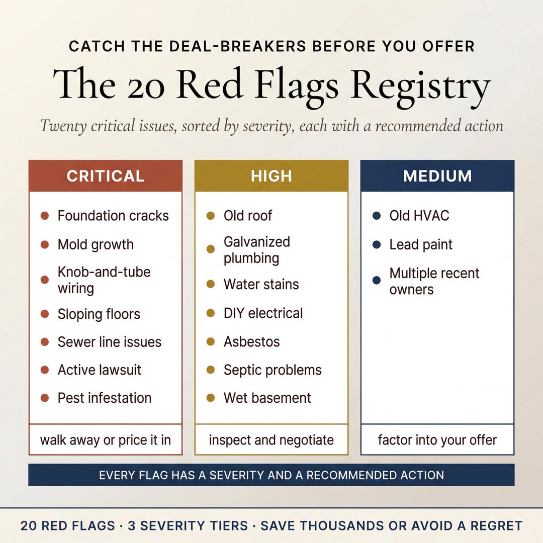 A registry of 20 red flags sorted into critical, high and medium severity with actions