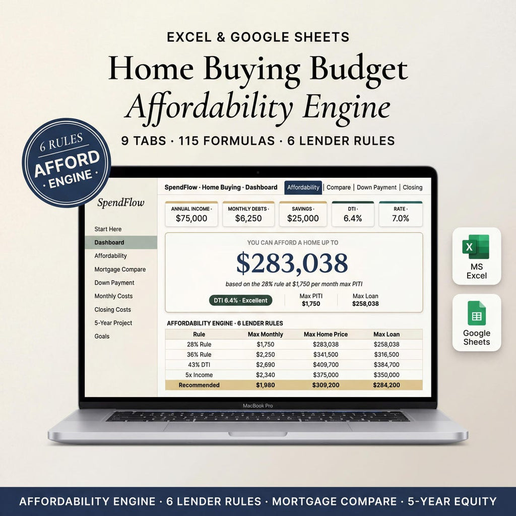 Home affordability calculator spreadsheet on a laptop showing income, debts, and savings