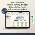 Home affordability calculator spreadsheet on a laptop showing income, debts, and savings