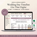 Wedding day timeline spreadsheet on a laptop with an hour-by-hour schedule