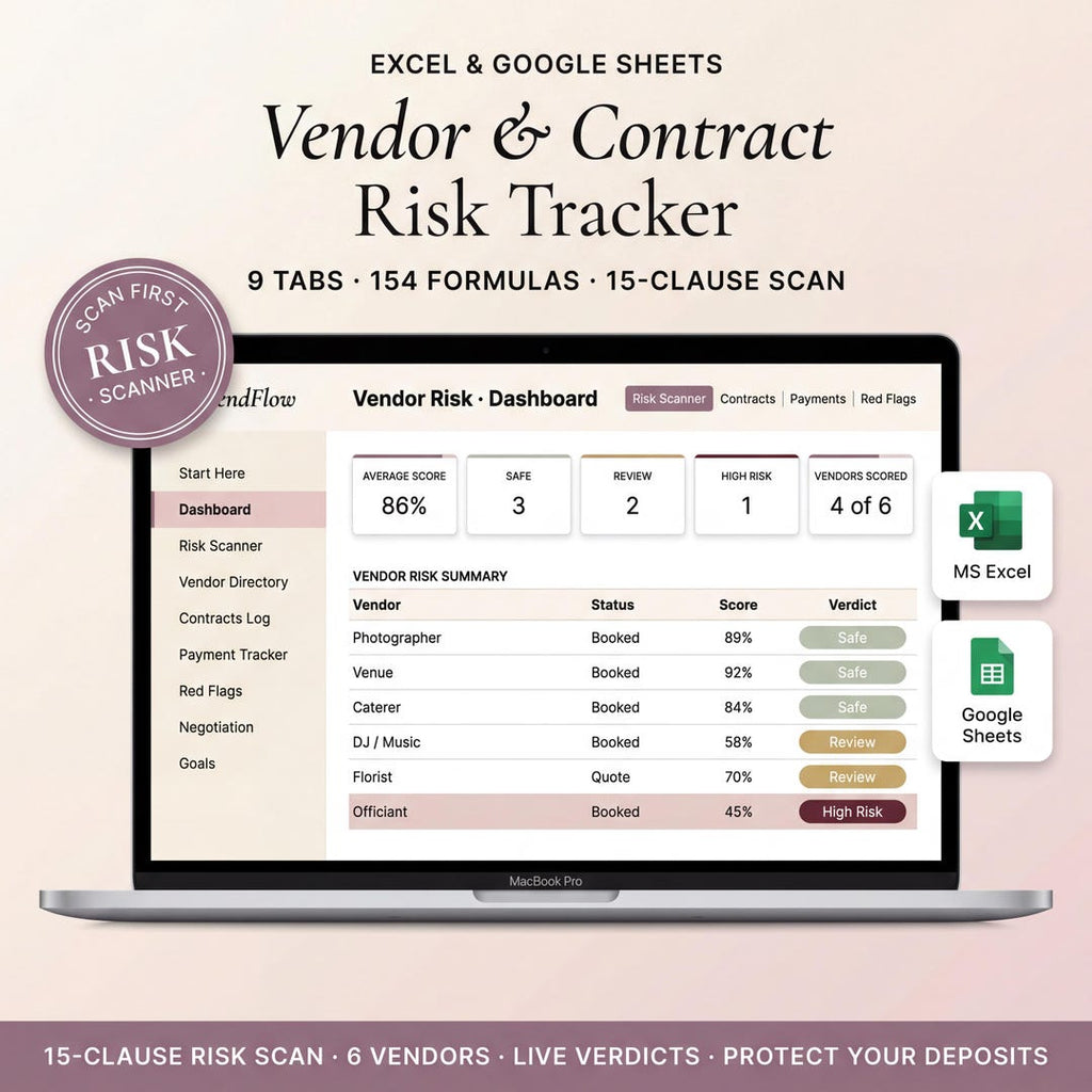 Wedding vendor tracker spreadsheet on a laptop with contracts, deposits, and payment dates