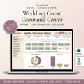 Wedding guest list spreadsheet on a laptop with seating, RSVPs, and meal choices