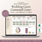 Wedding guest list spreadsheet on a laptop with seating, RSVPs, and meal choices