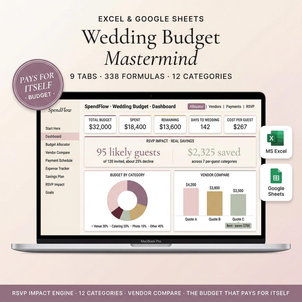 Wedding budget tracker spreadsheet on a laptop showing total budget, spending, and remaining funds