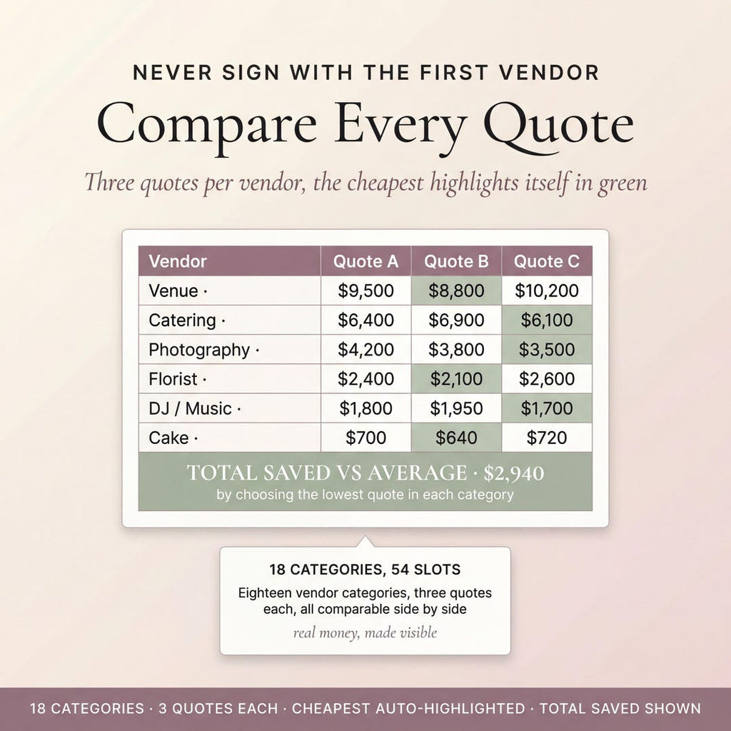 Compare every quote with three quotes per vendor and the lowest highlighted
