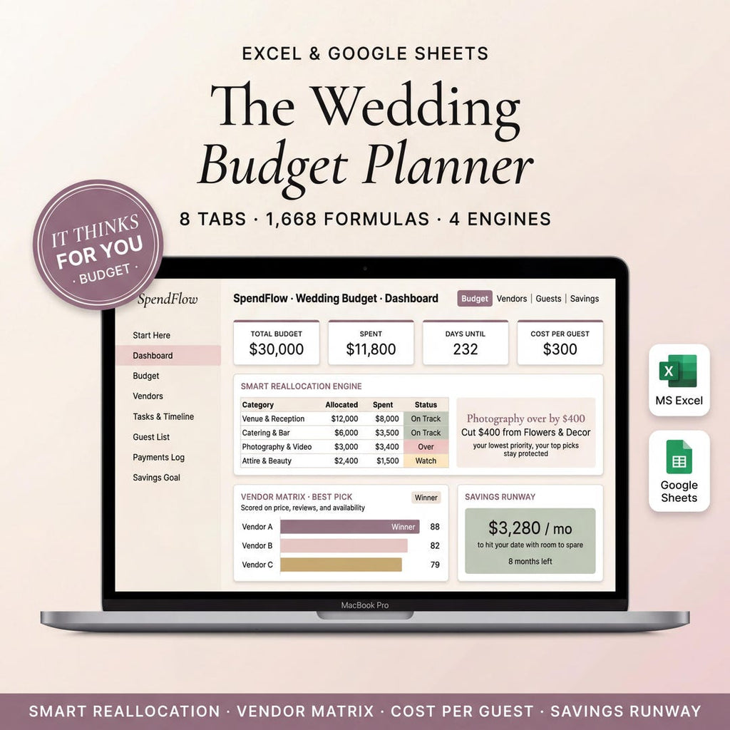 Wedding budget planner spreadsheet on a laptop with the total budget, spend, and days to go