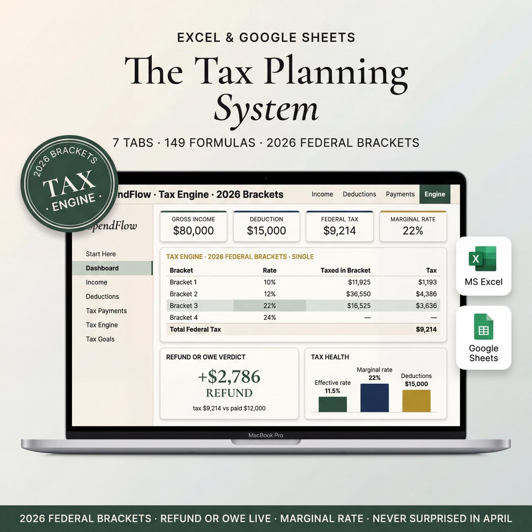 Tax planning spreadsheet on a laptop showing brackets, income, deductions, and refund