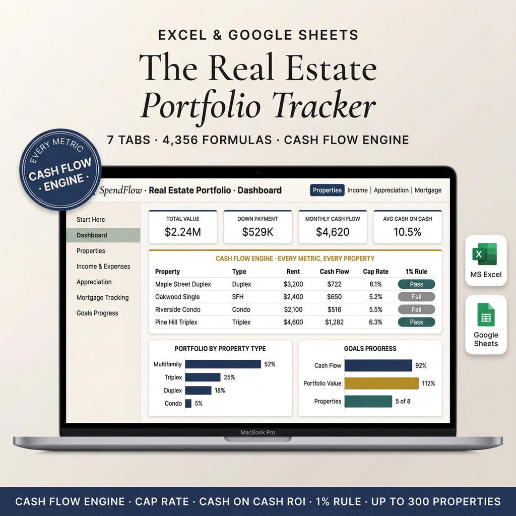 Rental property and real estate portfolio spreadsheet on a laptop showing cash flow per property