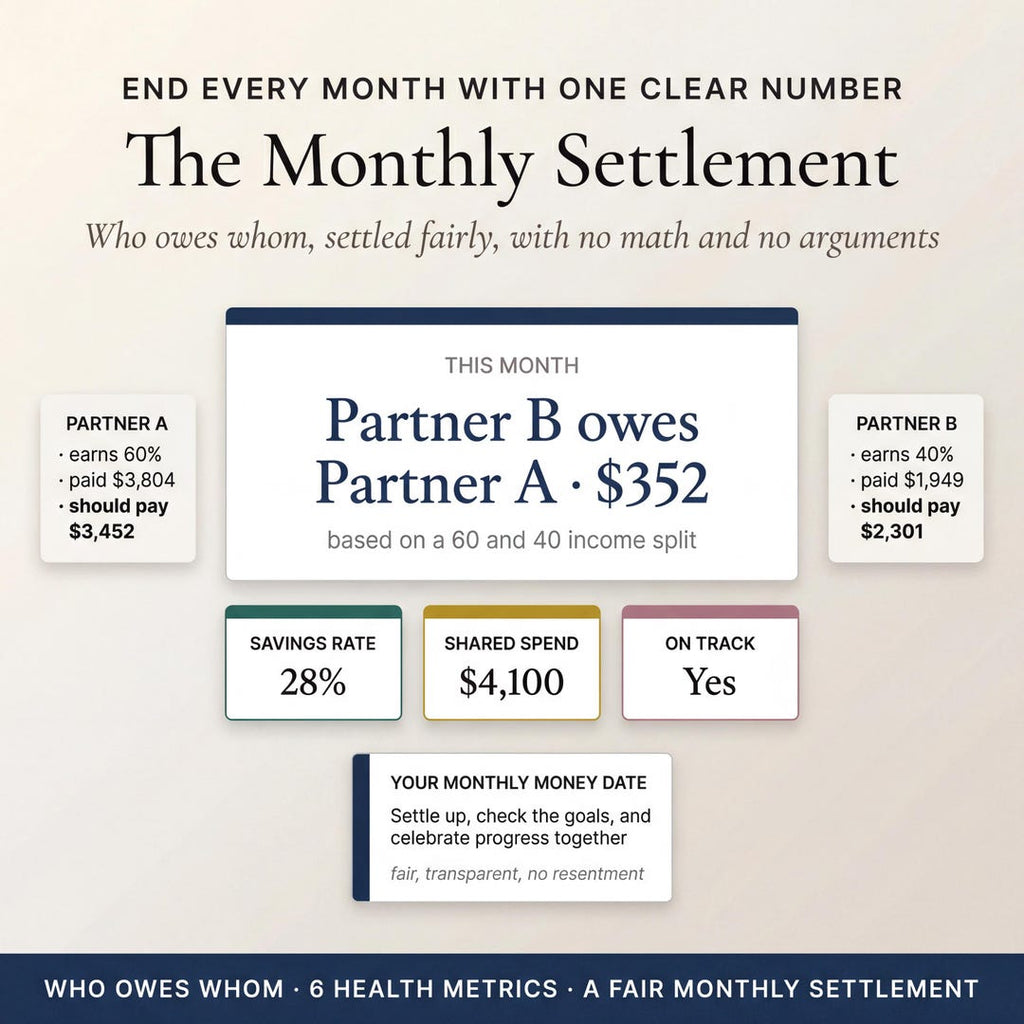 The monthly settlement showing who owes whom with savings rate and on-track status