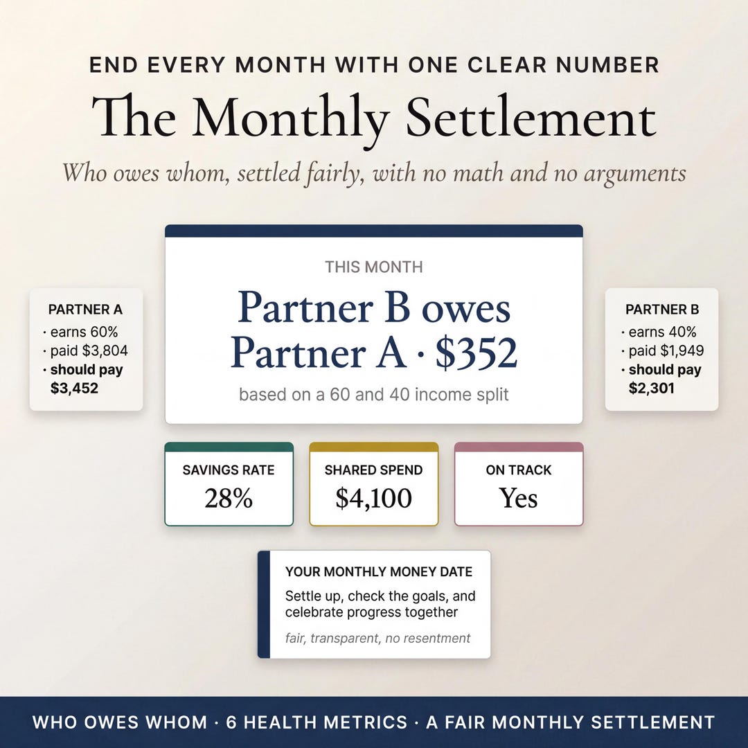 The monthly settlement showing who owes whom with savings rate and on-track status