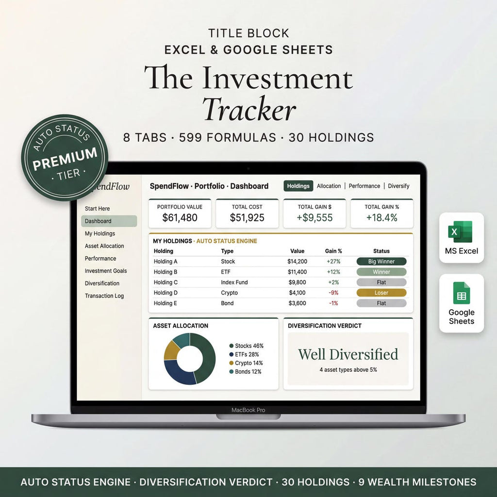 Investment tracker spreadsheet on a laptop showing portfolio value, cost, and gains