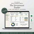 Investment tracker spreadsheet on a laptop showing portfolio value, cost, and gains
