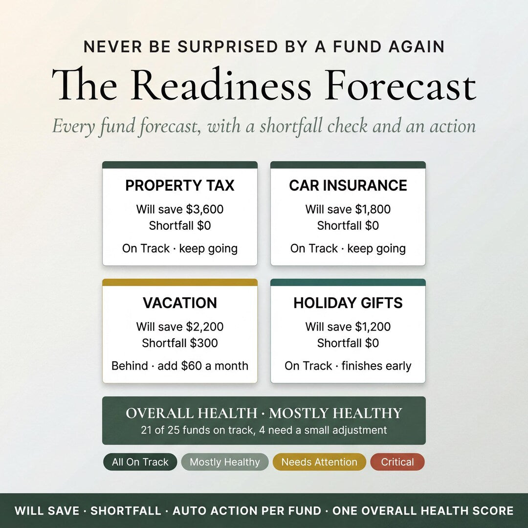 The Readiness Forecast projecting savings for property tax, car insurance, vacation and gifts