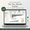 Net worth tracker spreadsheet on a laptop showing assets, debts, and 12-month net worth