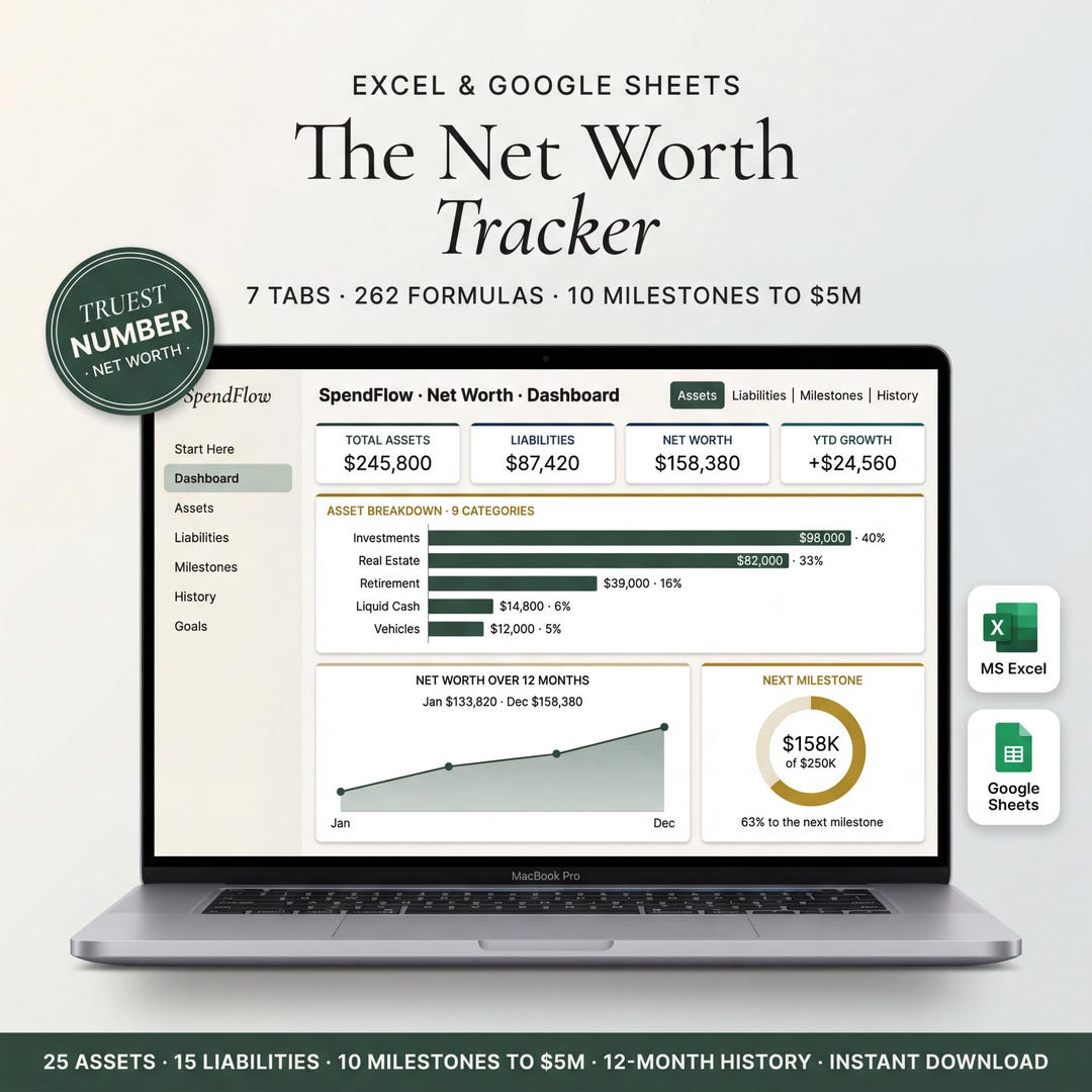 Net worth tracker spreadsheet on a laptop showing assets, debts, and 12-month net worth