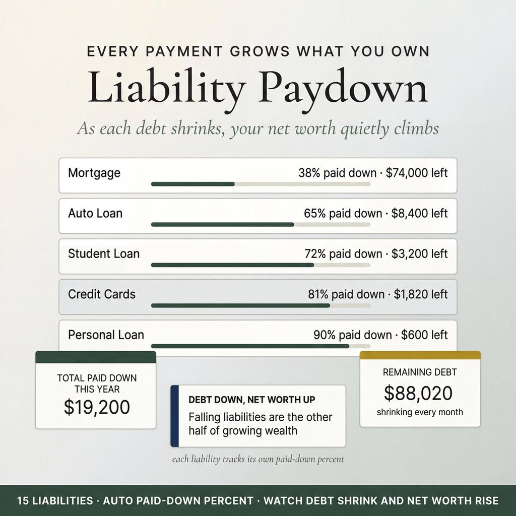 Liability paydown tracking mortgage, auto, student, credit card and personal loans