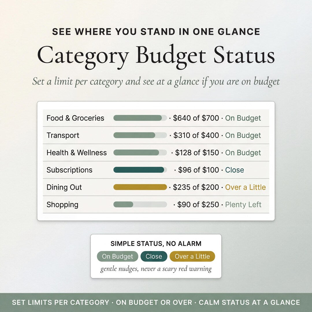 Category budget status with progress bars and statuses like on budget or over a little
