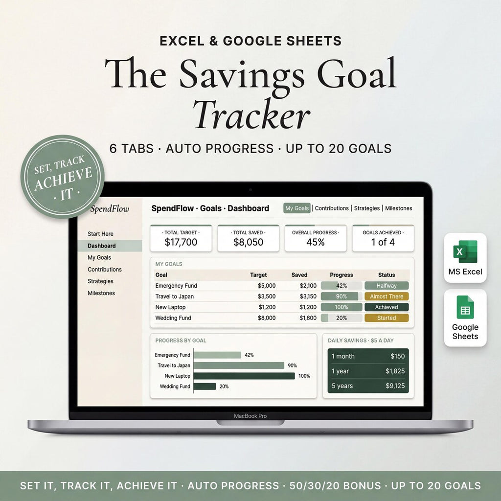 Savings goal tracker spreadsheet on a laptop showing the target, amount saved, and progress