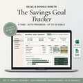 Savings goal tracker spreadsheet on a laptop showing the target, amount saved, and progress