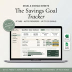 Savings goal tracker spreadsheet on a laptop showing the target, amount saved, and progress