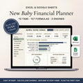 New baby budget spreadsheet on a laptop showing first-year costs and college savings