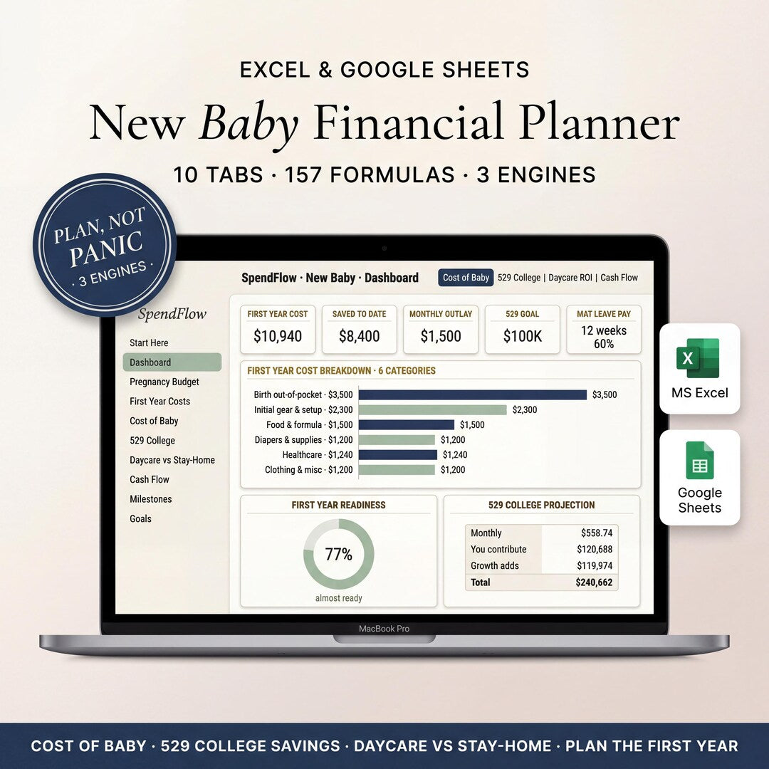 New baby budget spreadsheet on a laptop showing first-year costs and college savings